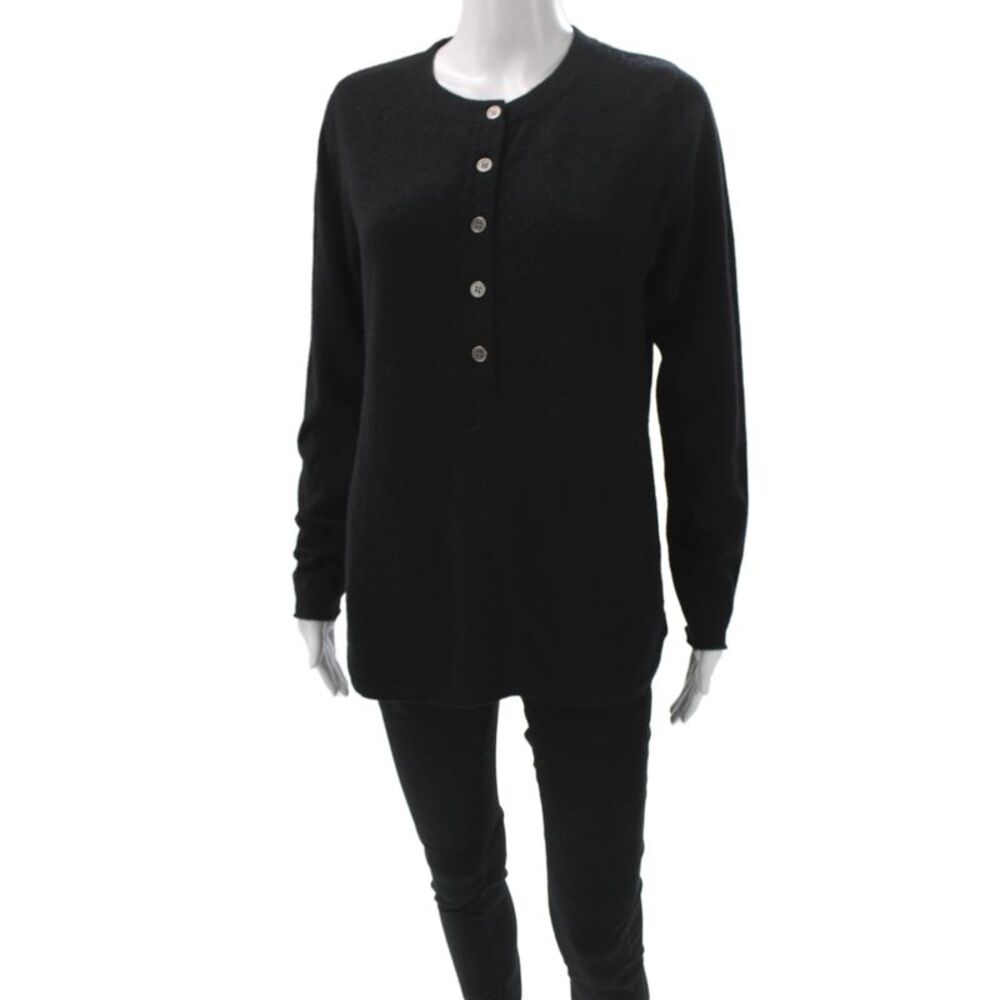 A.M. Unisex Henley 100% Cashmere Crew Neck Black Sweater Size M